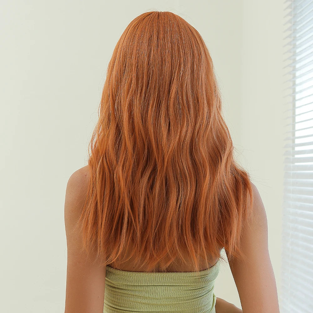 Long Copper Orange Wavy Wig with Bangs for Crossdressers