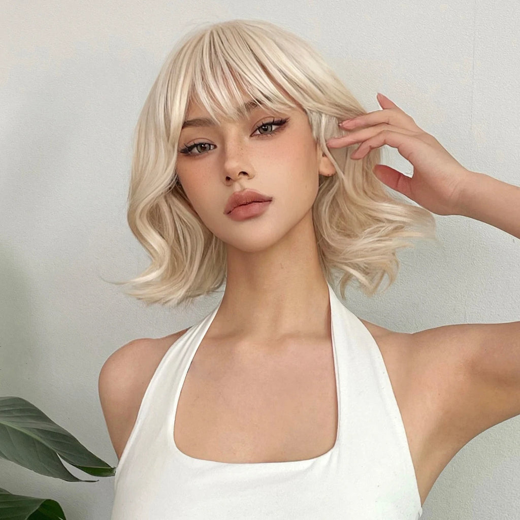 Short Black Wavy Bob Wig with Bangs for Crossdressers