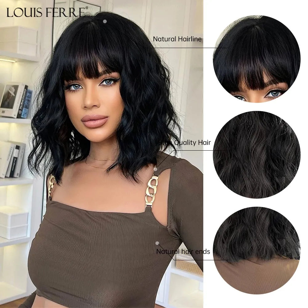 Short Black Wavy Bob Wig with Bangs for Crossdressers
