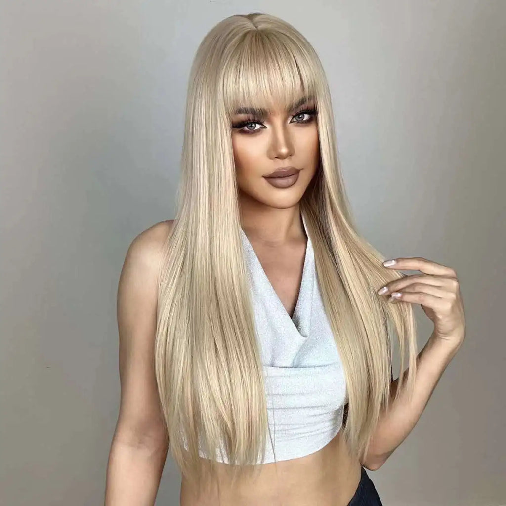 Long Golden Blonde Straight Wig with Bangs for Crossdressers