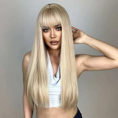 Blonde Golden Synthetic Wig - Crossdresser's Long Straight Wig with Bangs for Daily and Cosplay Glam, Heat Resistant Natural Hair Look