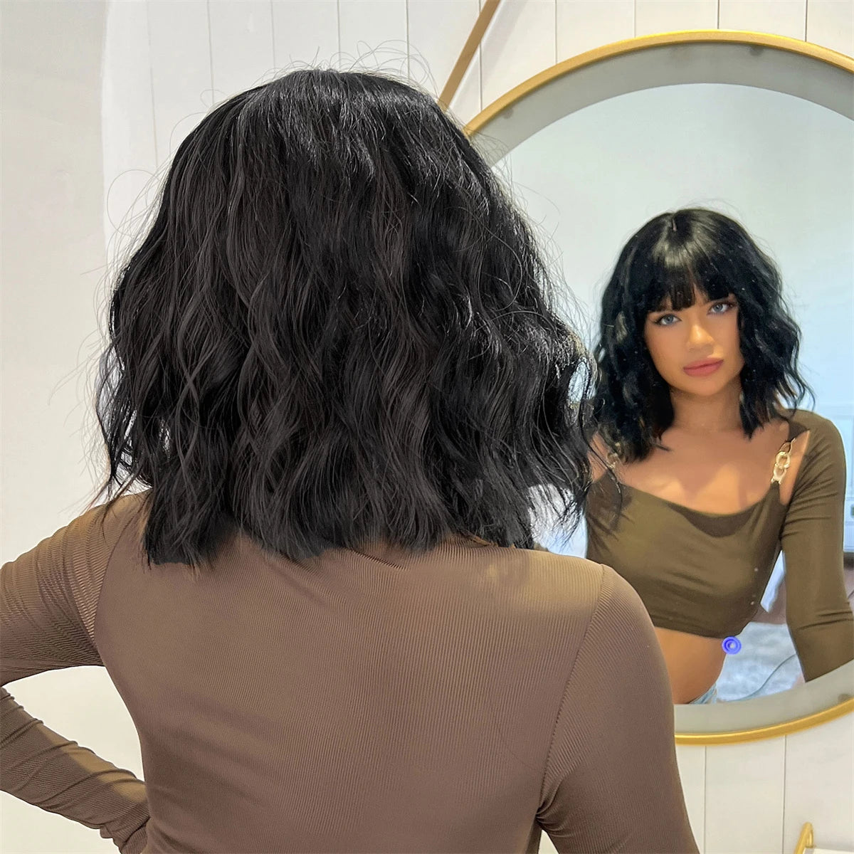 Short Black Wavy Bob Wig with Bangs for Crossdressers