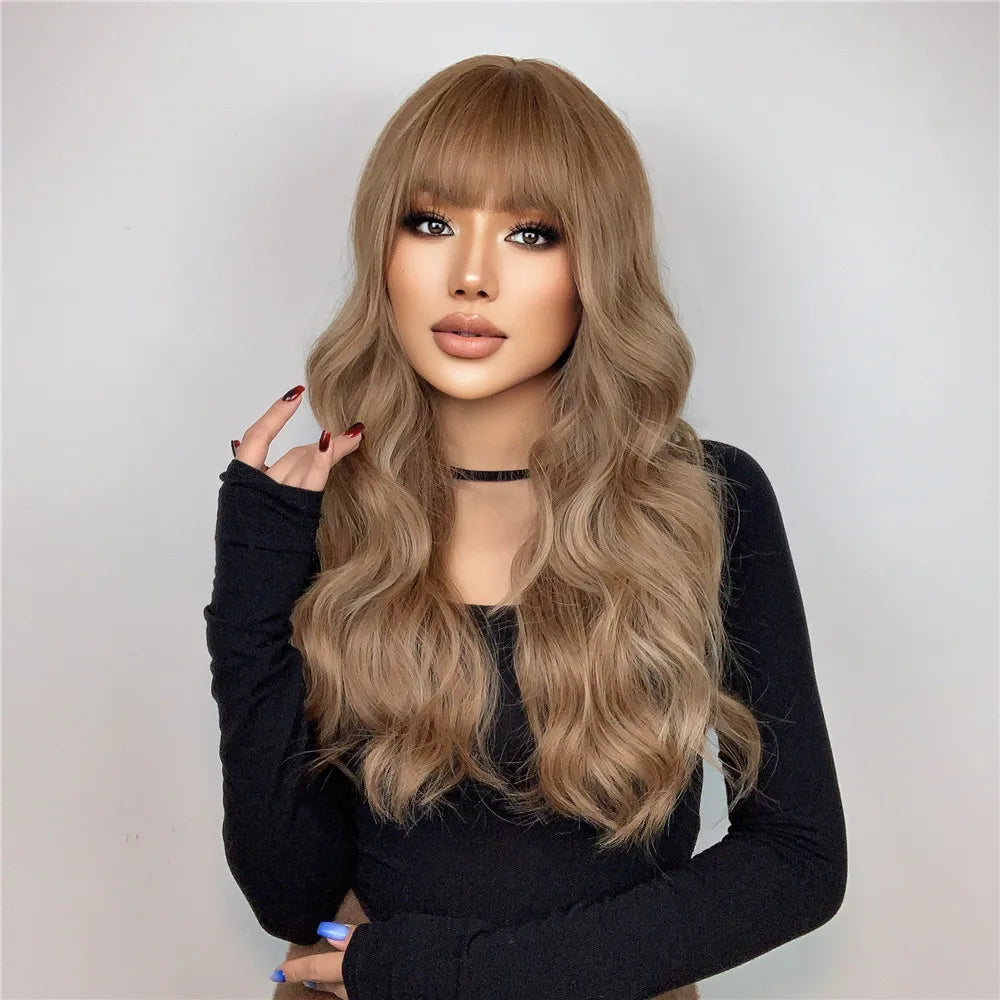 Light Brown Body Wave Synthetic Wig with Bangs - Long Natural Wavy Style for Crossdressers' Daily and Party Use - High-Quality Elegance