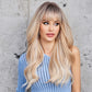 Blonde Highlight Synthetic Wig with Bangs - Crossdresser's Long Wavy Brown Ombre Hair for Daily and Cosplay Glam, Heat Resistant Fiber