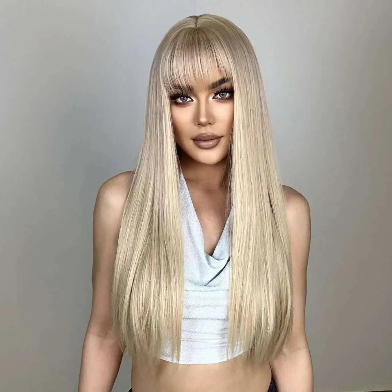Long Golden Blonde Straight Wig with Bangs for Crossdressers