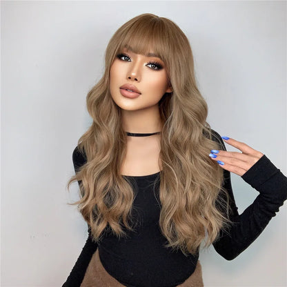 Light Brown Body Wave Synthetic Wig with Bangs - Long Natural Wavy Style for Crossdressers' Daily and Party Use - High-Quality Elegance