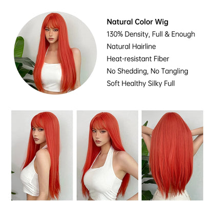 Long Straight Orange Wig with Bangs - Crossdresser's Daily Cosplay Heat Resistant Synthetic Hair