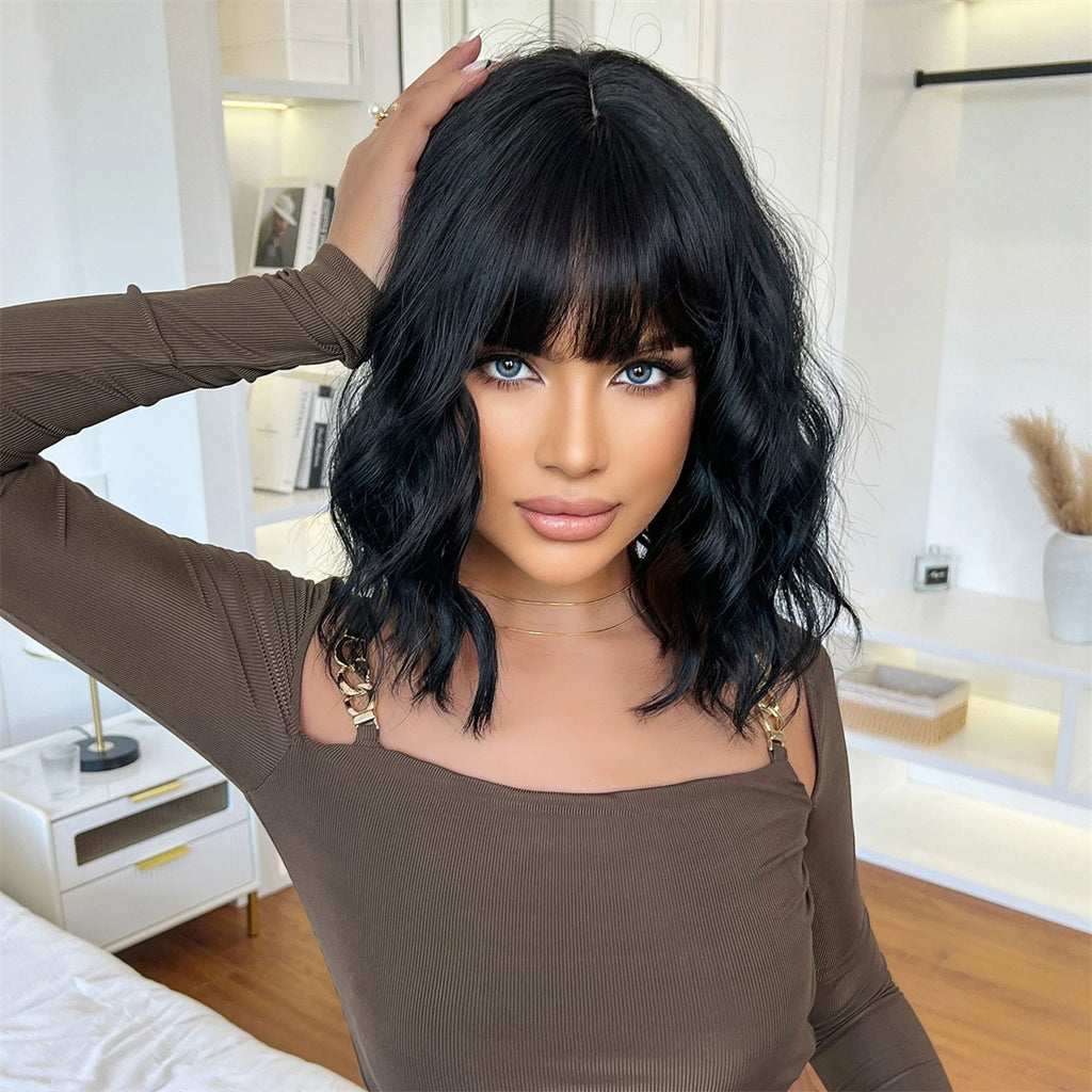 Short Black Wavy Bob Wig with Bangs for Crossdressers