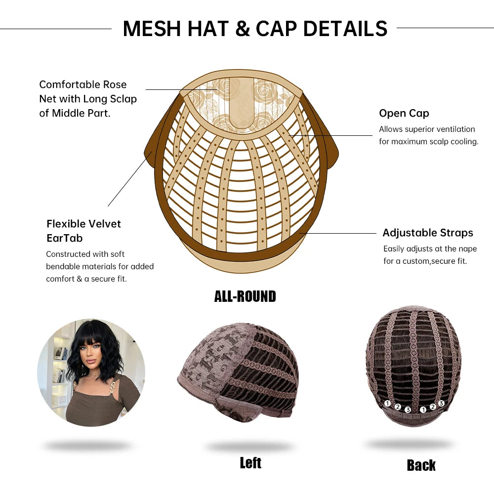 Short Black Wavy Bob Wig with Bangs for Crossdressers