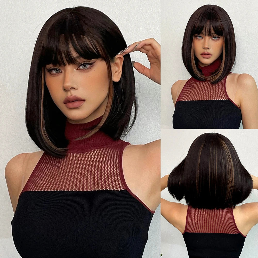 Short Straight Synthetic Wig - Crossdresser's Dark Brown Fake Hair with Bangs, Heat Resistant for Daily Cosplay Elegance