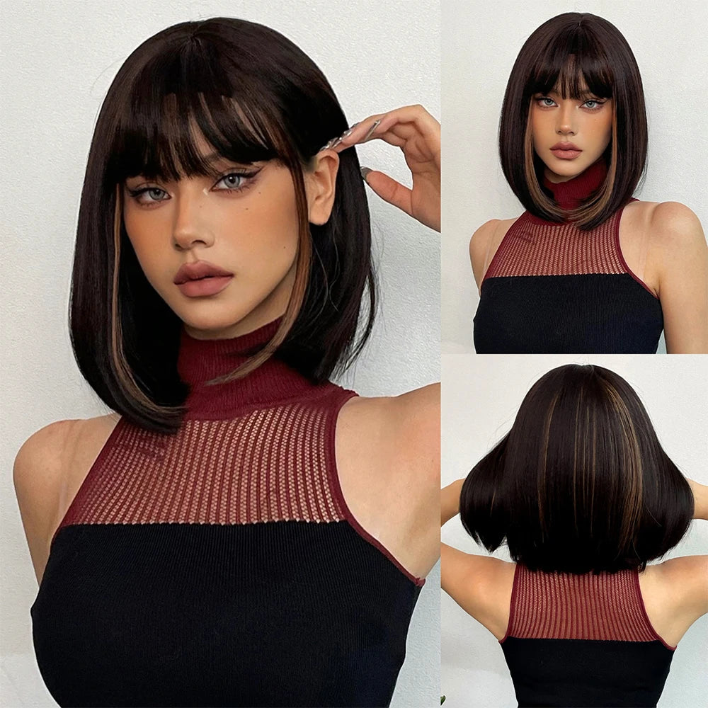 Short Dark Brown Bob Wig with Bangs for Crossdressers