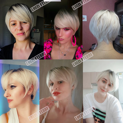 Ombre Ash Blonde Pixie Wig with Bangs - Crossdresser Cosplay Platinum Hair