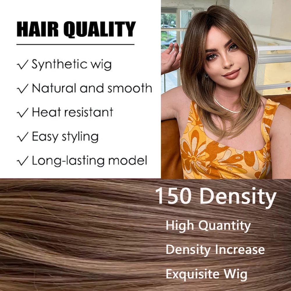 Medium Length Straight Brown Blonde Synthetic Wig - Crossdresser's Short Layered Hair with Side Bangs for Daily Heat Resistant Elegance