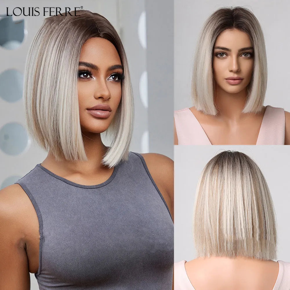 Short Blonde Bob Synthetic Wig - Crossdresser's Chic Shoulder-Length Straight Style with Dark Root and Mixed White Hair