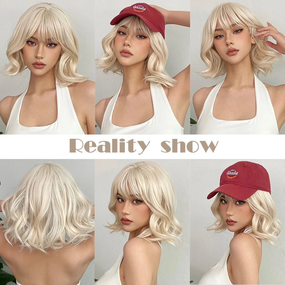 Short Black Wavy Bob Wig with Bangs for Crossdressers