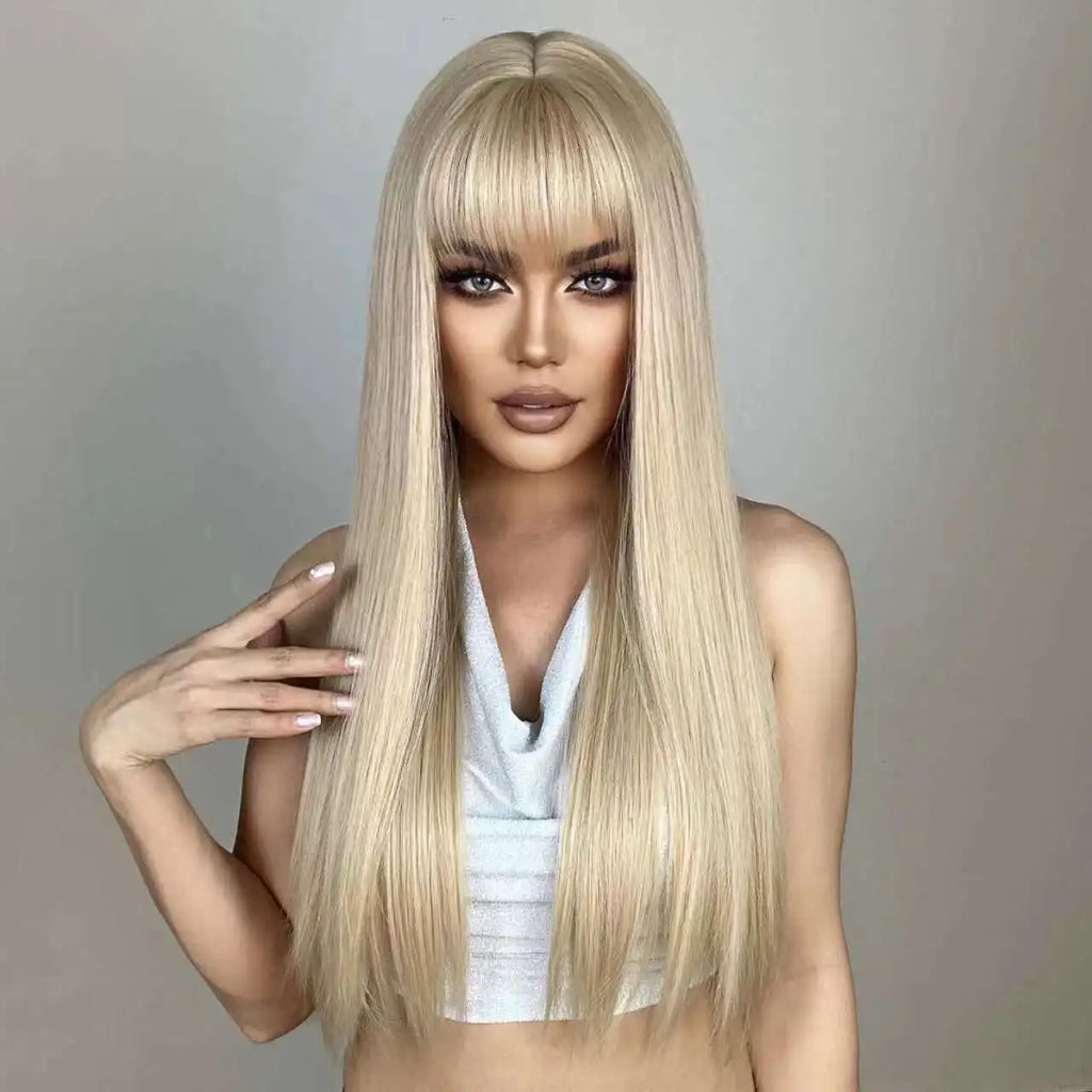 Long Golden Blonde Straight Wig with Bangs for Crossdressers