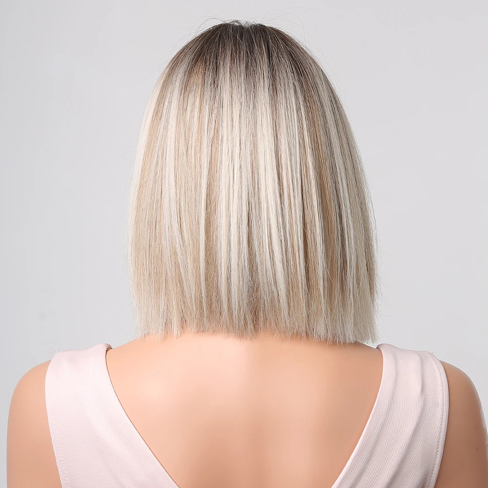 Short Blonde Bob Synthetic Wig - Crossdresser's Chic Shoulder-Length Straight Style with Dark Root and Mixed White Hair