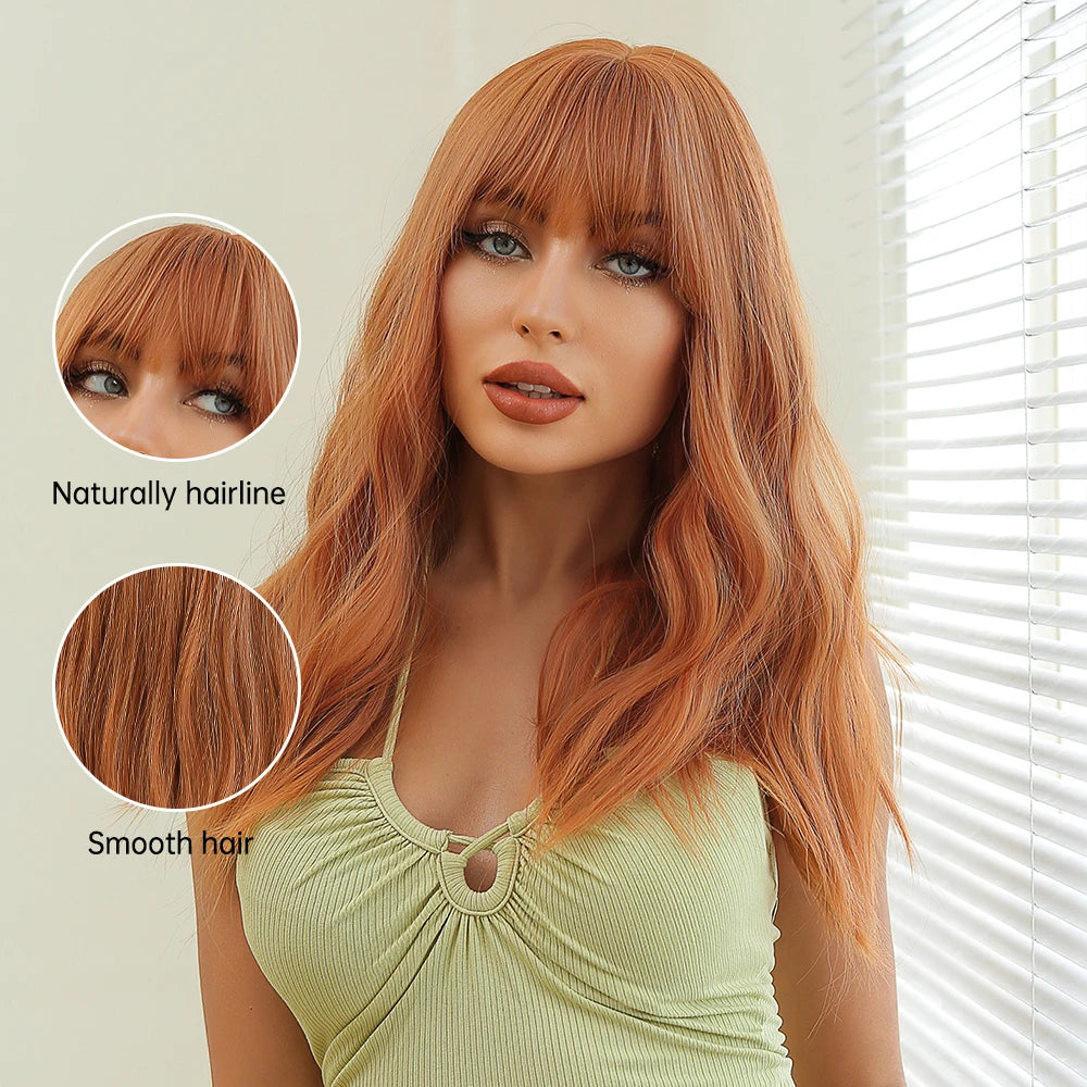 Long Copper Orange Wavy Wig with Bangs for Crossdressers