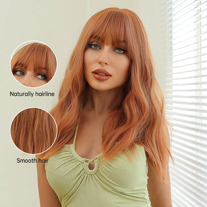 Orange Body Wave Synthetic Wig with Bangs - Crossdresser's Long Copper Curly Hair Wig for Colorful Cosplay Costume, Heat Resistant Fiber