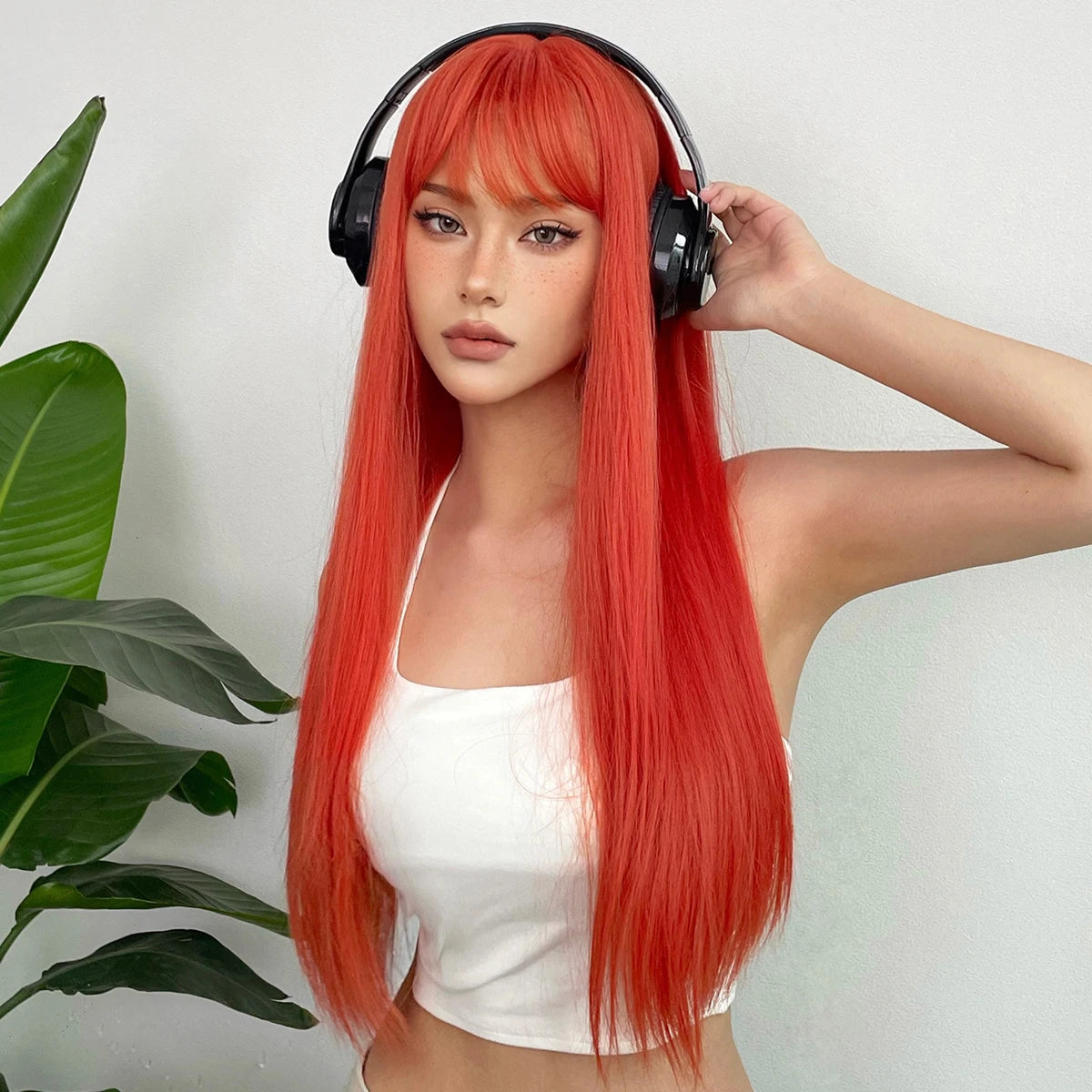 Long Orange Straight Wig with Bangs for Crossdressers