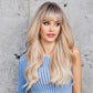 Blonde Highlight Synthetic Wig with Bangs - Crossdresser's Long Wavy Brown Ombre Hair for Daily and Cosplay Glam, Heat Resistant Fiber