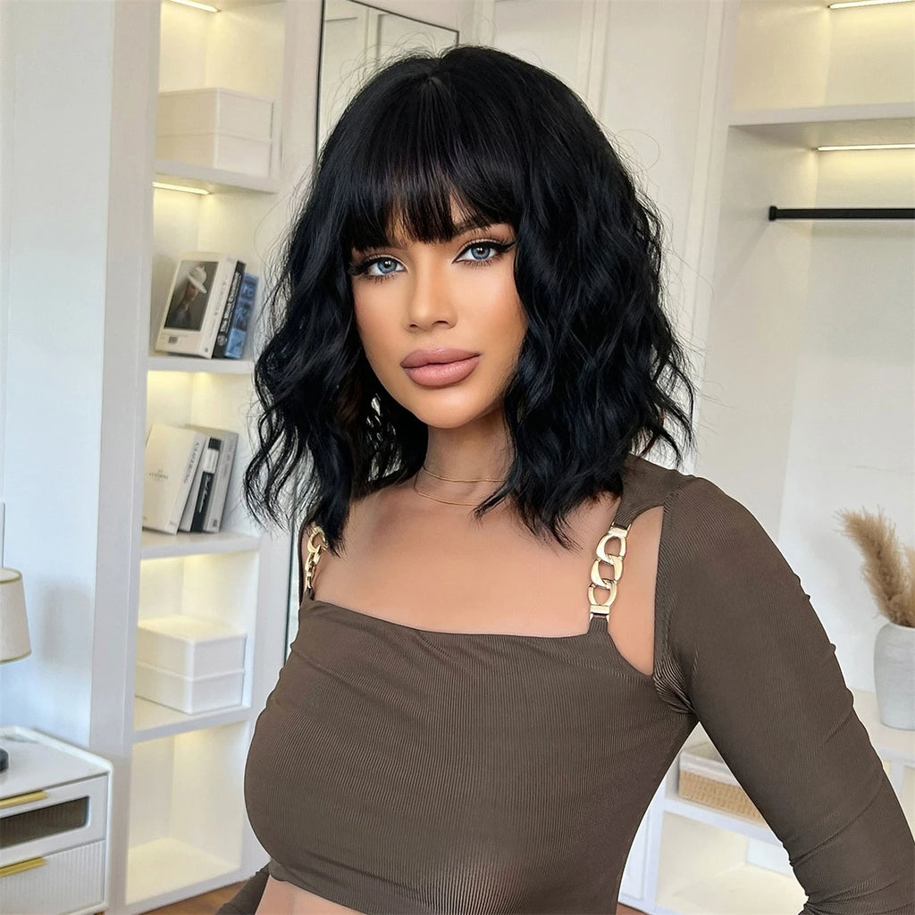 Short Black Wavy Bob Wig with Bangs for Crossdressers
