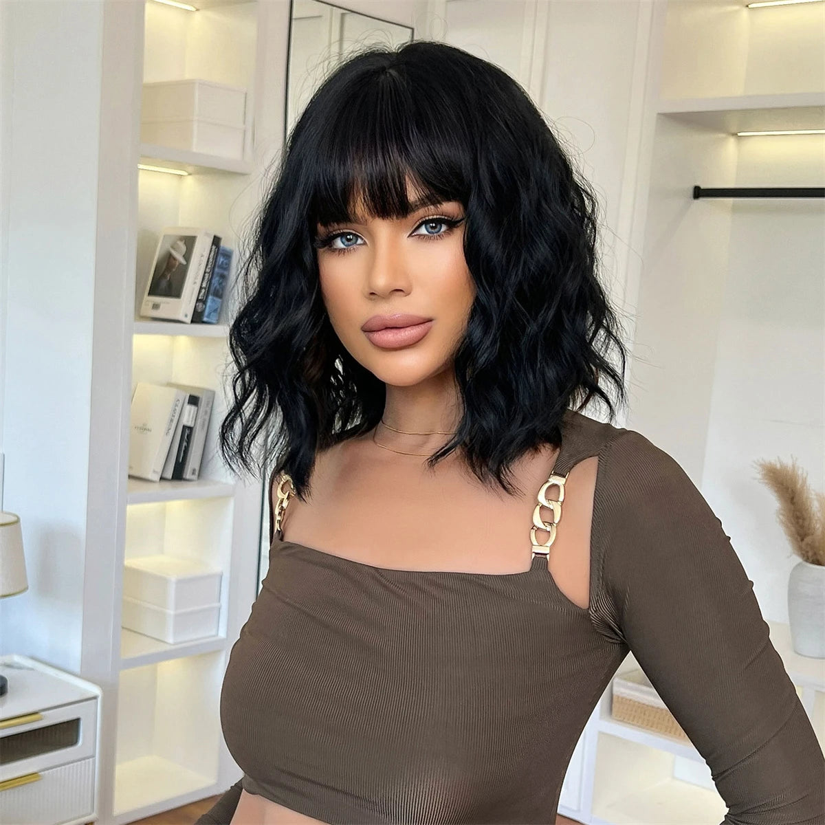 Short Black Wavy Bob Wig with Bangs for Crossdressers