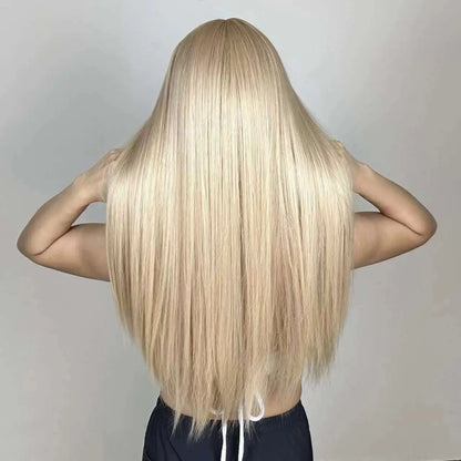 Blonde Golden Synthetic Wig - Crossdresser's Long Straight Wig with Bangs for Daily and Cosplay Glam, Heat Resistant Natural Hair Look