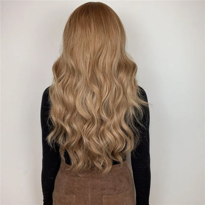 Light Brown Body Wave Synthetic Wig with Bangs - Long Natural Wavy Style for Crossdressers' Daily and Party Use - High-Quality Elegance