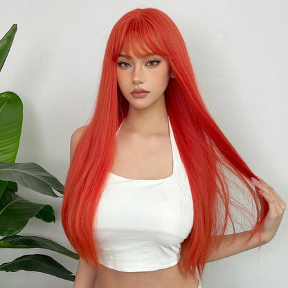 Long Straight Orange Wig with Bangs - Crossdresser's Daily Cosplay Heat Resistant Synthetic Hair