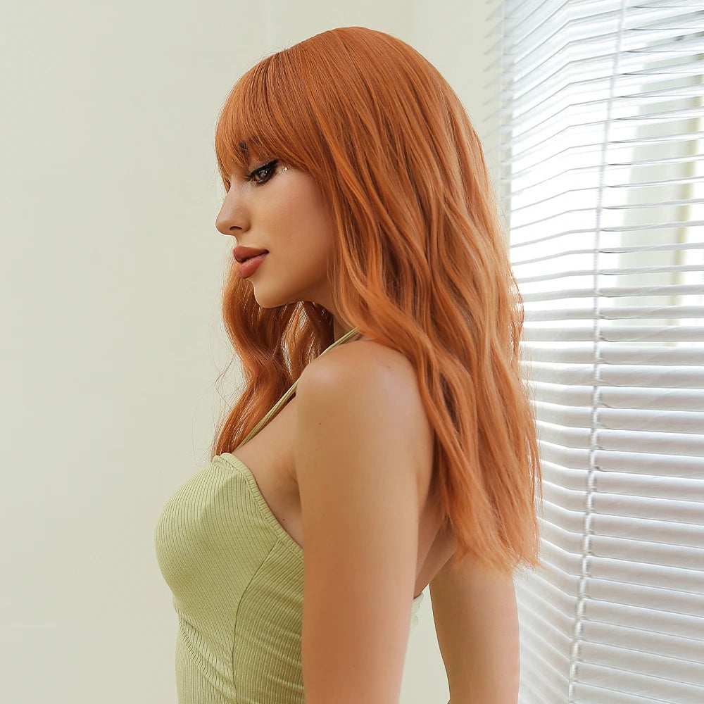 Long Copper Orange Wavy Wig with Bangs for Crossdressers