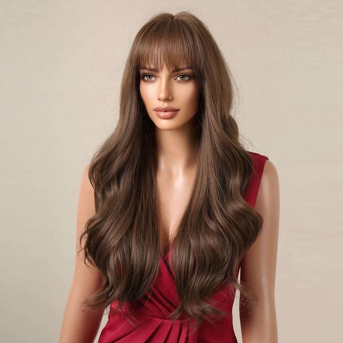 Dark Brown Long Wavy Wig - Crossdresser's Natural Synthetic Hair with Bangs for Daily & Party Use