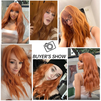 Orange Body Wave Synthetic Wig with Bangs - Crossdresser's Long Copper Curly Hair Wig for Colorful Cosplay Costume, Heat Resistant Fiber