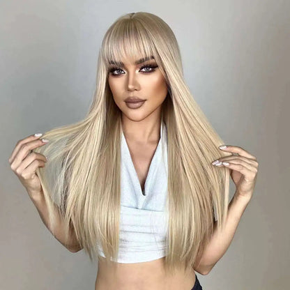 Blonde Golden Synthetic Wig - Crossdresser's Long Straight Wig with Bangs for Daily and Cosplay Glam, Heat Resistant Natural Hair Look