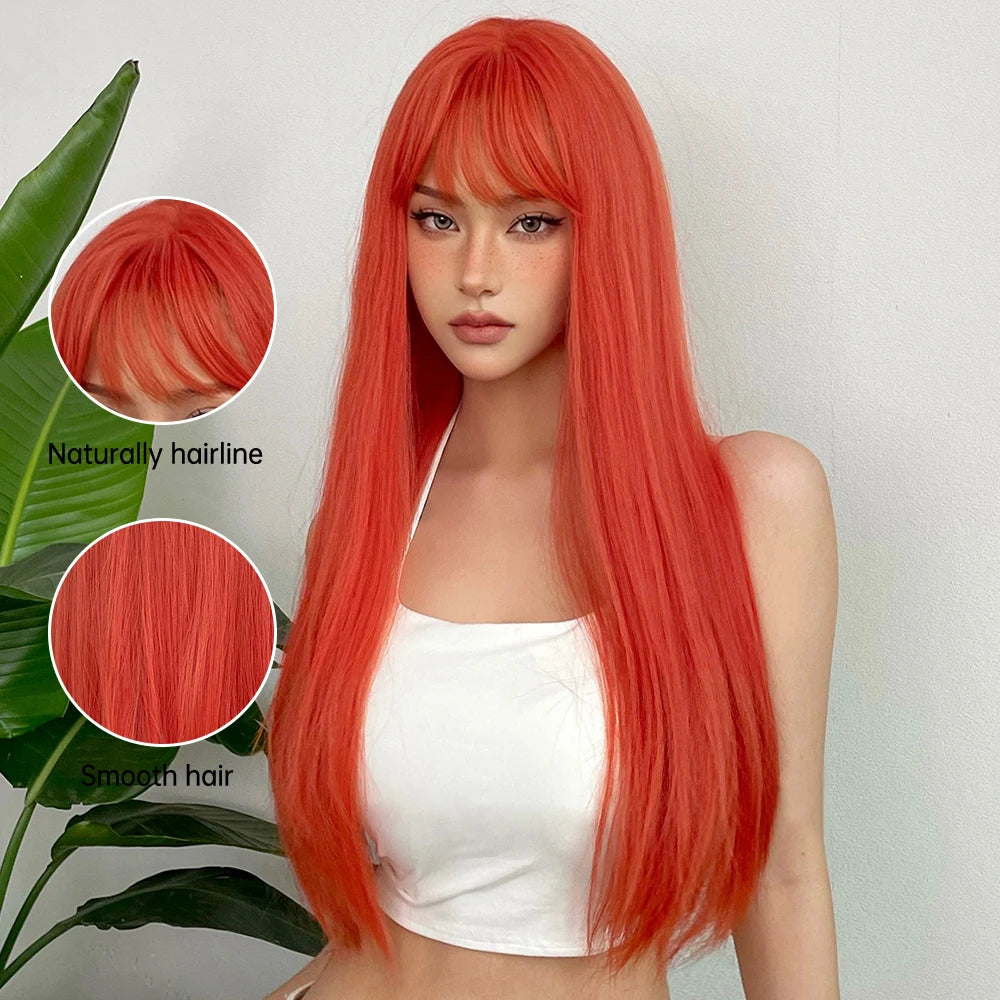 Long Orange Straight Wig with Bangs for Crossdressers