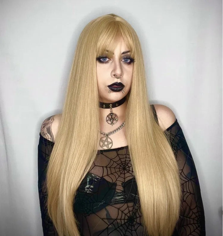Long Golden Blonde Straight Wig with Bangs for Crossdressers