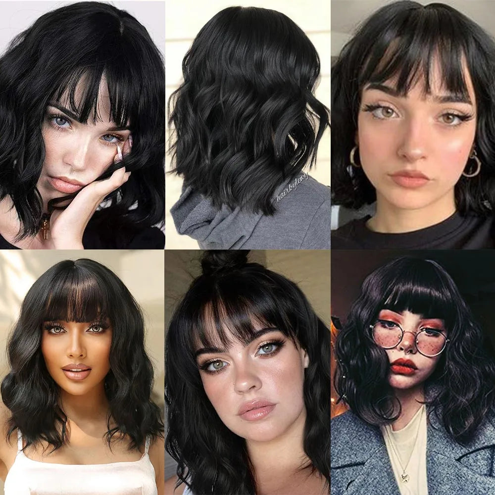 Short Black Wavy Bob Wig with Bangs for Crossdressers