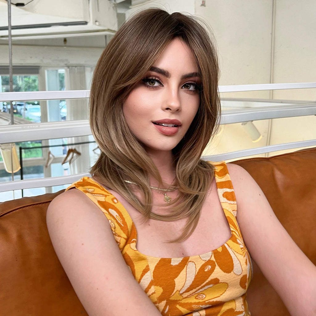 Medium Length Straight Brown Blonde Synthetic Wig - Crossdresser's Short Layered Hair with Side Bangs for Daily Heat Resistant Elegance