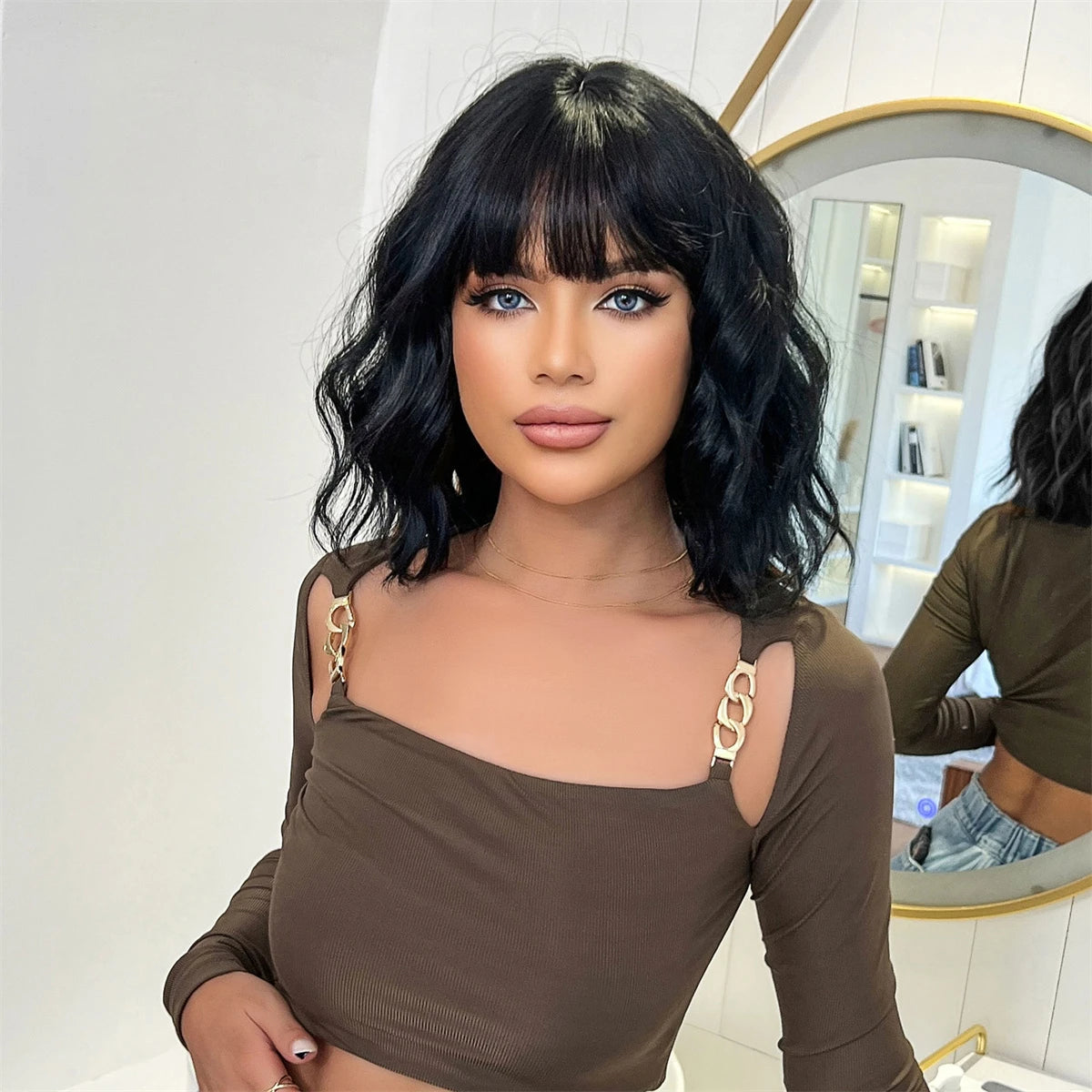 Short Black Wavy Bob Wig with Bangs for Crossdressers