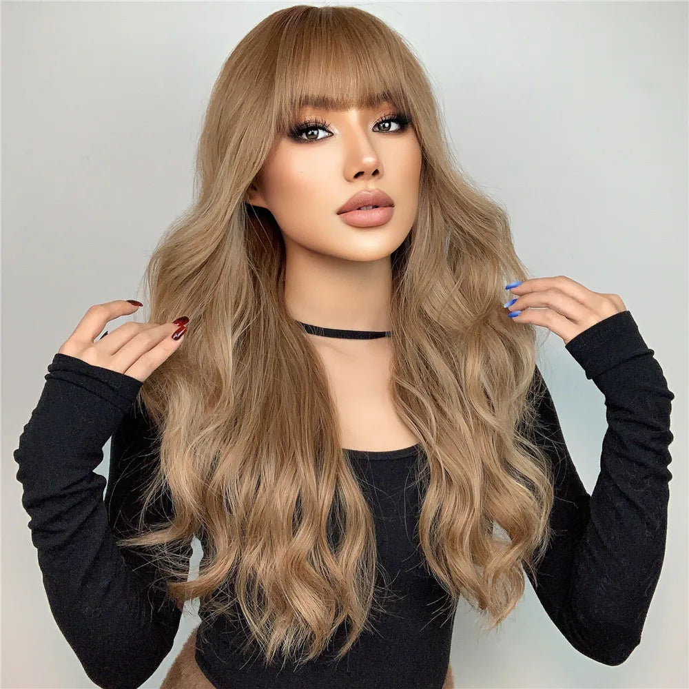 Long Light Brown Wavy Wig with Bangs for Crossdressers