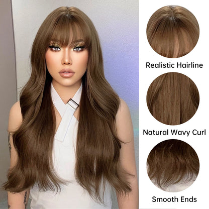 Dark Brown Long Wavy Wig - Crossdresser's Natural Synthetic Hair with Bangs for Daily & Party Use