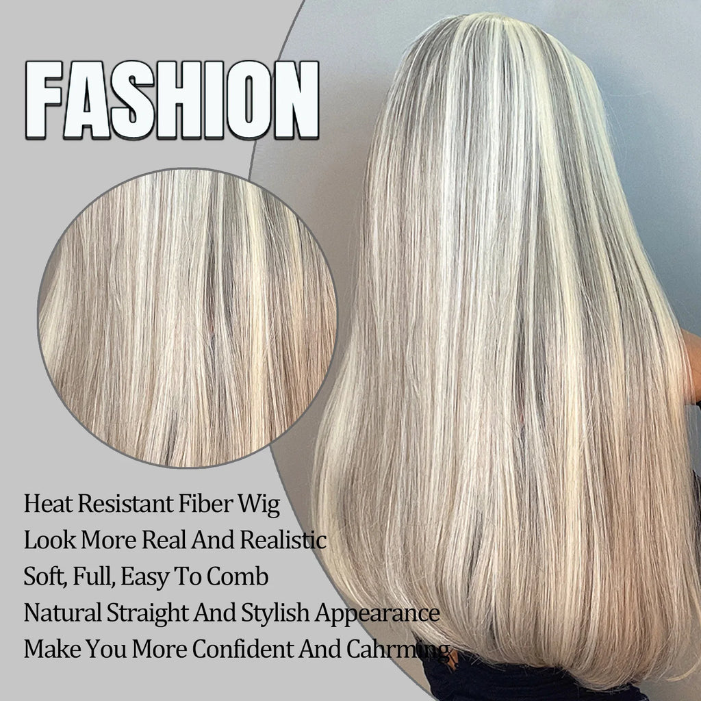 Long White Straight Wig with Bangs for Crossdressers