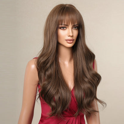 Dark Brown Long Wavy Wig - Crossdresser's Natural Synthetic Hair with Bangs for Daily & Party Use