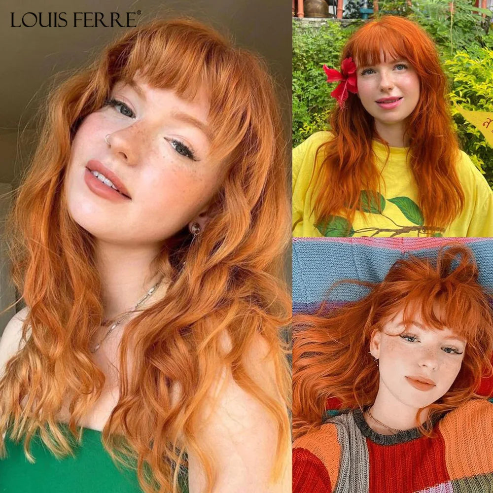 Long Copper Orange Wavy Wig with Bangs for Crossdressers