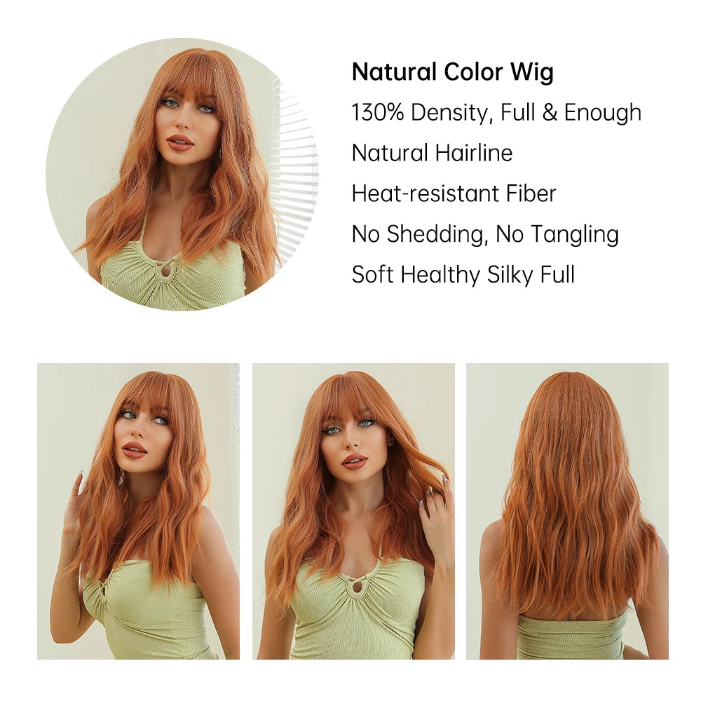 Long Copper Orange Wavy Wig with Bangs for Crossdressers