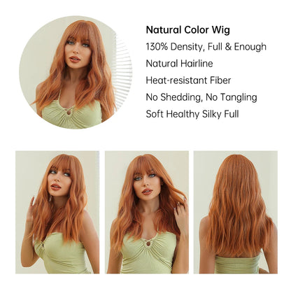 Orange Body Wave Synthetic Wig with Bangs - Crossdresser's Long Copper Curly Hair Wig for Colorful Cosplay Costume, Heat Resistant Fiber