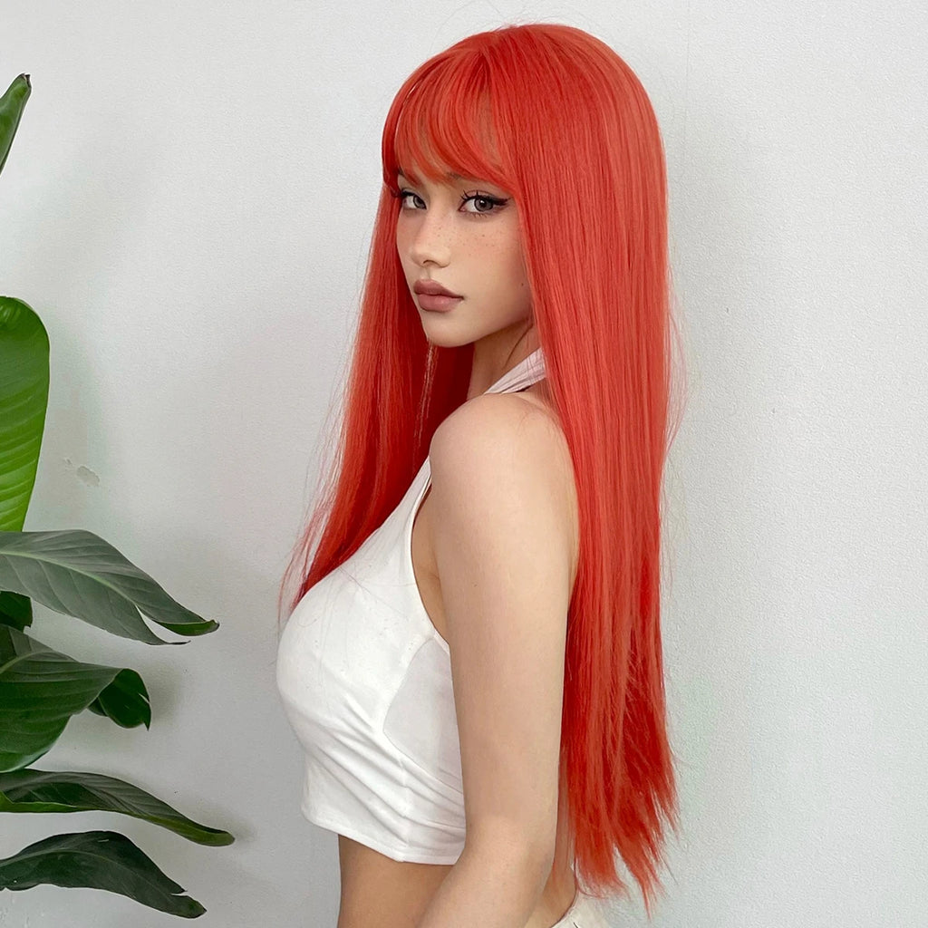 Long Orange Straight Wig with Bangs for Crossdressers