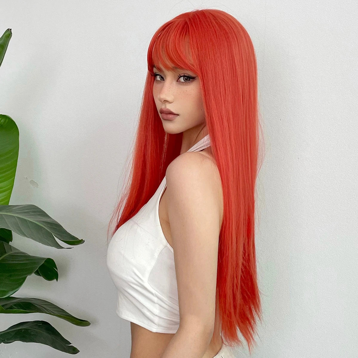 Long Orange Straight Wig with Bangs for Crossdressers