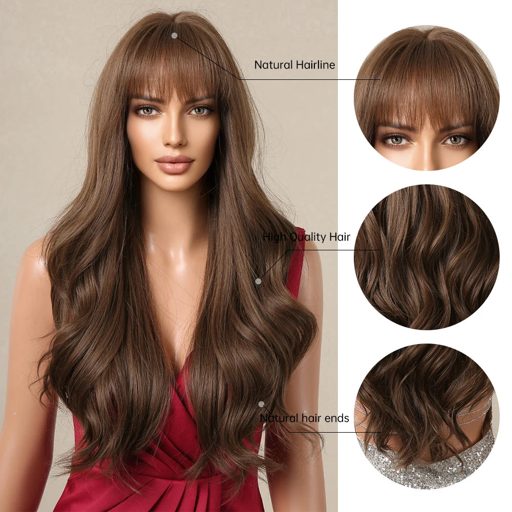 Dark Brown Long Wavy Wig - Crossdresser's Natural Synthetic Hair with Bangs for Daily & Party Use