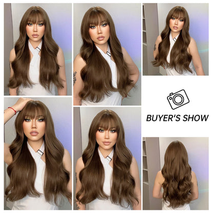 Dark Brown Long Wavy Wig - Crossdresser's Natural Synthetic Hair with Bangs for Daily & Party Use